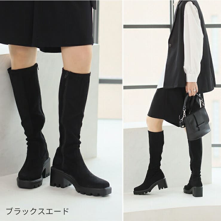 スクエアトゥ厚底ストレッチロングブーツ[品番：VIVS0009840]｜VIVIAN
