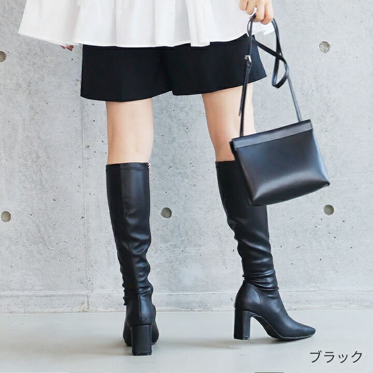 スクエアトゥプレートヒールストレッチロングブーツ[品番 スクエアトゥプレートヒールストレッチロングブーツ[品番