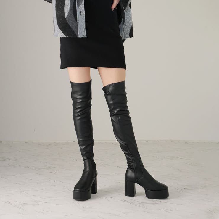 厚底プラットフォームストレッチニーハイブーツ[品番