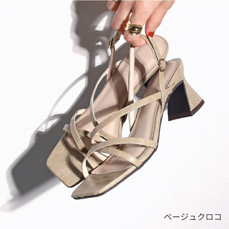 スクエアトゥくびれヒールアシメ華奢ストラップサンダル[品番 スクエアトゥくびれヒールアシメ華奢ストラップサンダル[品番