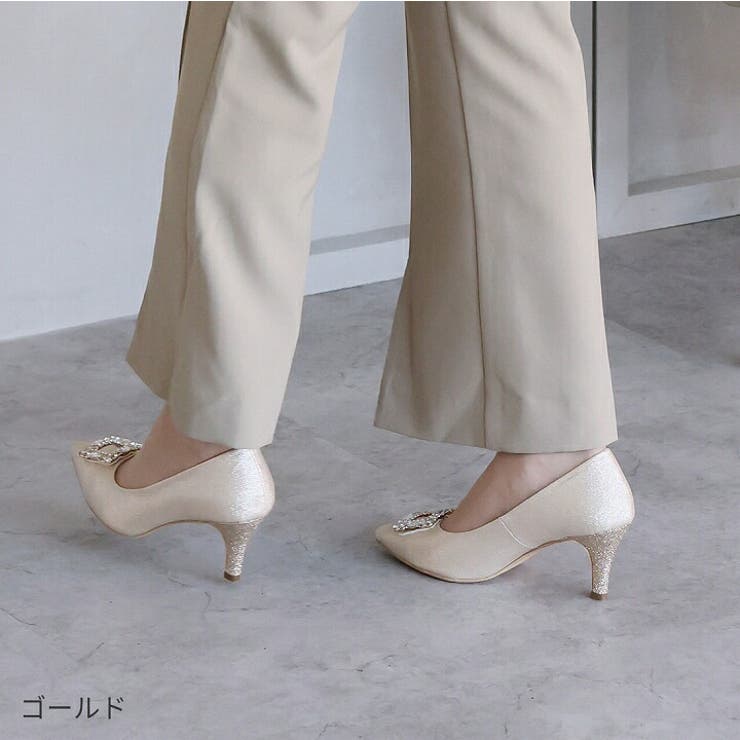 美品 JIHYANG チャヒン ビジュー ツイード ポインテッドトゥ パンプス