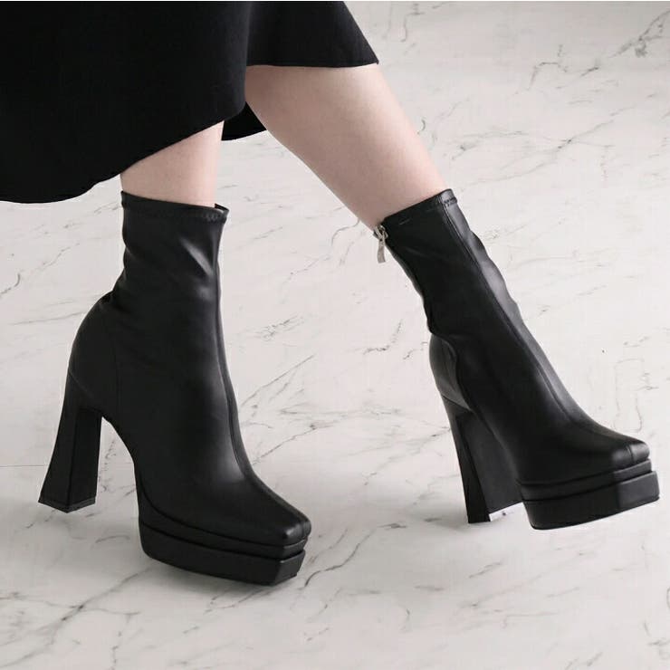 スクエアトゥ厚底プラットフォームストレッチショートブーツ | VIVIAN COLLECTION | 詳細画像16 