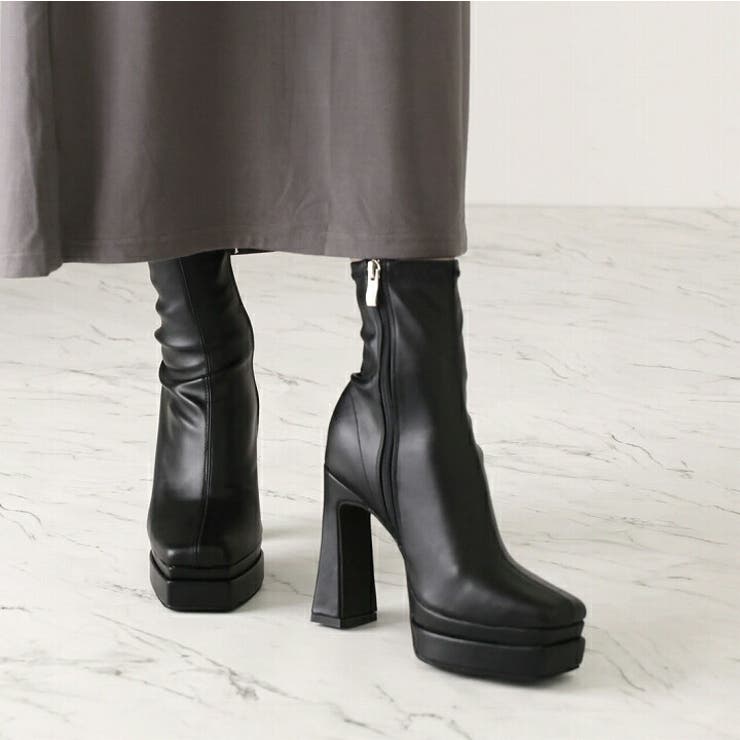 スクエアトゥ厚底プラットフォームストレッチショートブーツ | VIVIAN COLLECTION | 詳細画像10 