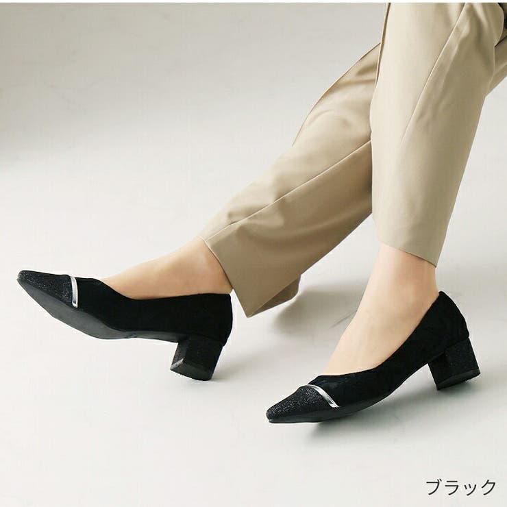 グリッタートゥ切り替えデザインサテンレースパンプス[品番