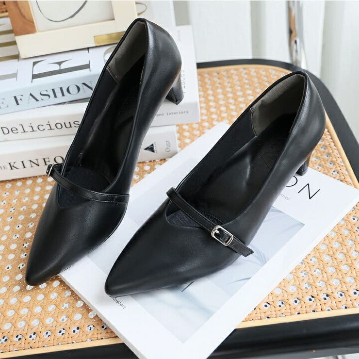 ポインテッドトゥストラップ5cmプレートヒールパンプス[品番
