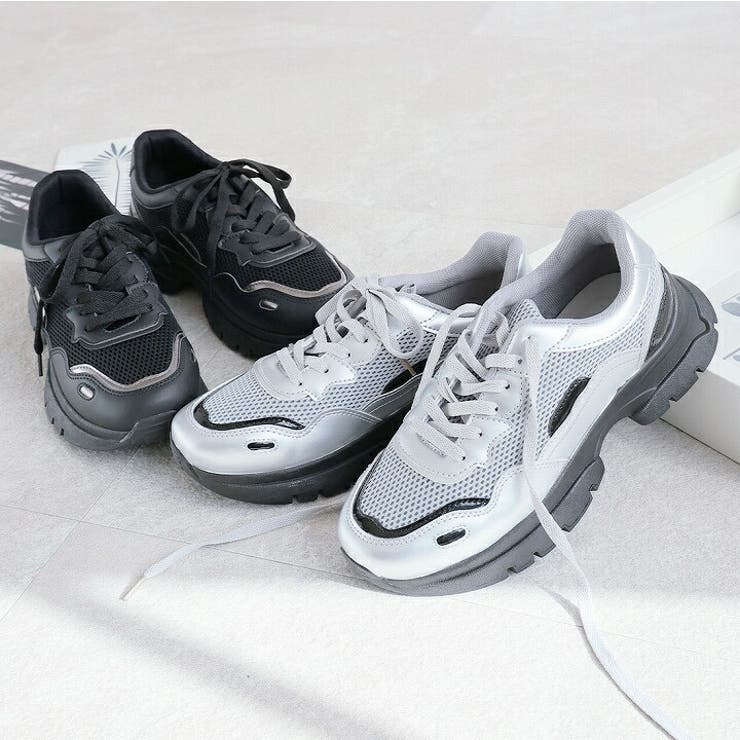 厚底メタリック異素材コンビレースアップスニーカー[品番 厚底メタリック異素材コンビレースアップスニーカー[品番