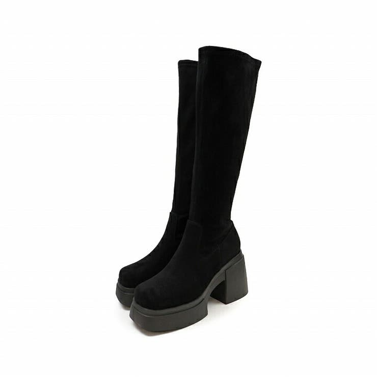 ブラックスエード | 厚底チャンキーヒールストレッチロングブーツ | VIVIAN COLLECTION
