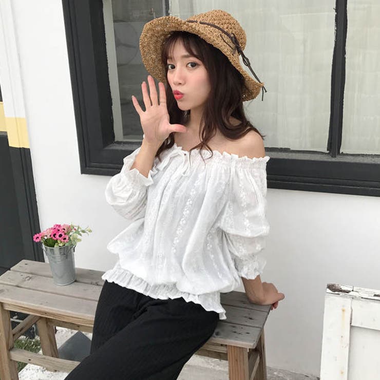 オフショルダー サイドギャザーオフショルダーレーストップス トップス
