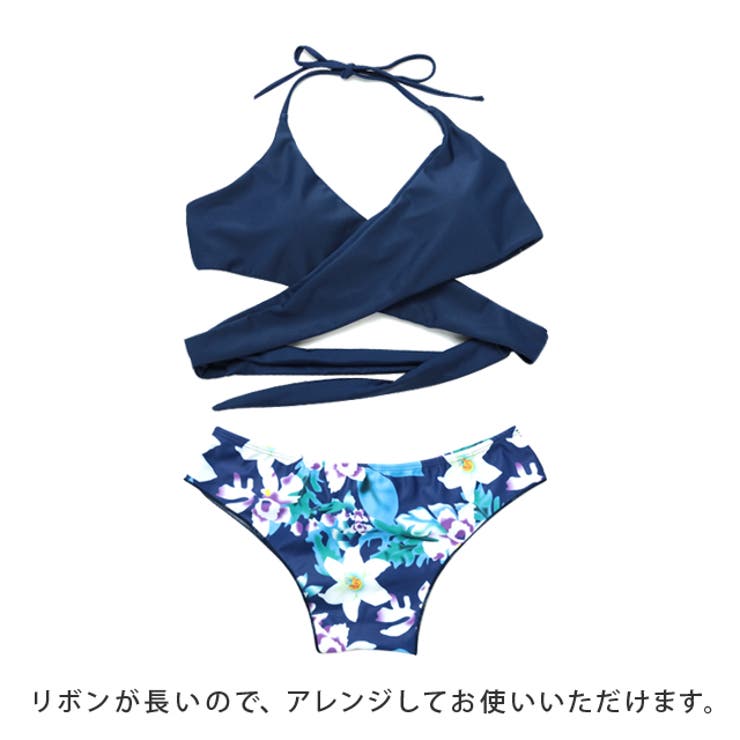 2サイズ]インスタ映え◎ネイビー×花柄ビキニ クロスデザイン 2点SET