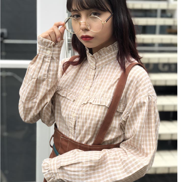 ヴィンテージ レトロ古着 チェック柄スタンドフリルカラー×フリル前立てブラウス チェックスタンドフリルブラウス BR18AU09-L006[品番：WG010032826