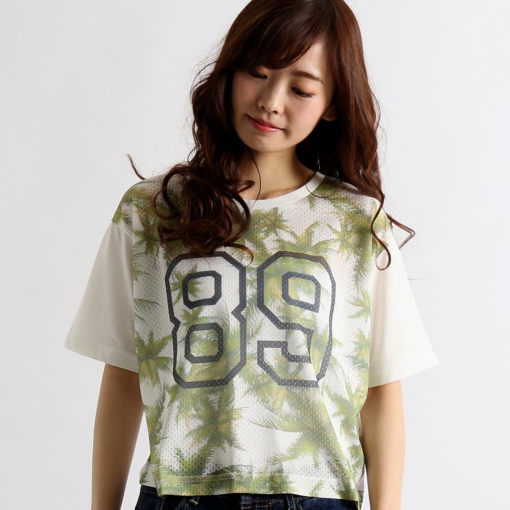 WEGO/リーフ柄メッシュクロップドTシャツ