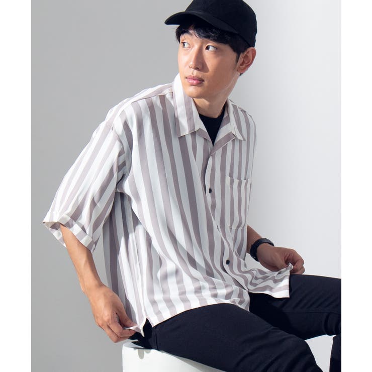ワイドストライプ開襟5分袖オーバーシャツ BR19SM05-M0038[品番  