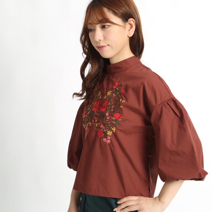 低身長向け】刺繍ハイネックボリュームブラウス DU17AU09-L006