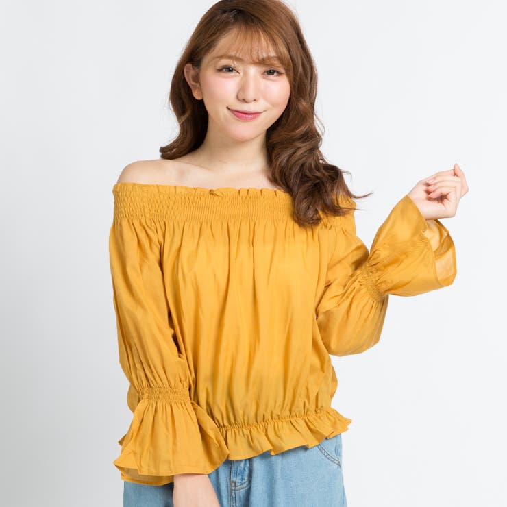 オフショルライクシアーブラウス イエロー 低身長向け】シャーリングオフショルブラウス DU17SM07-L004