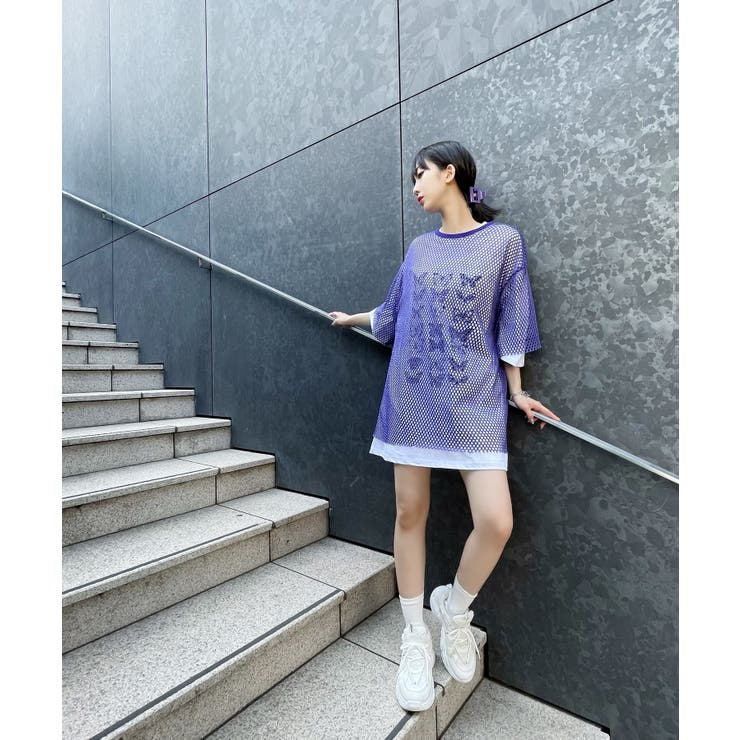 最新人気 WEGO ロゴ 袖メッシュ ショート丈 Tシャツ 半袖 紫 Fサイズ