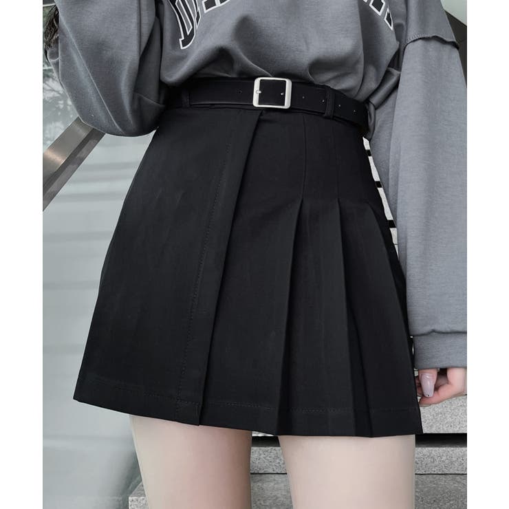 ベルト付きサイドプリーツミニスカート 韓国 韓国ファッション[品番