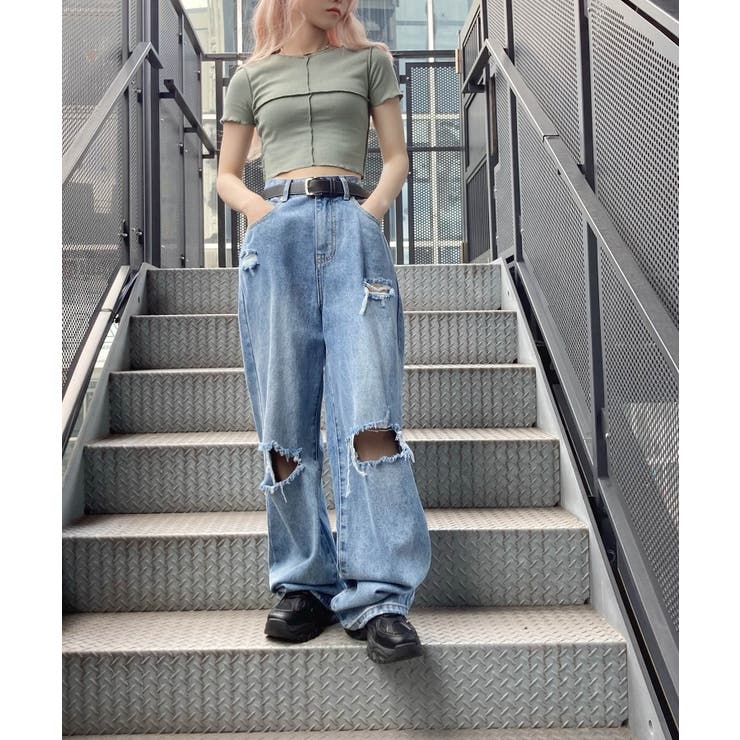 デストロイ　ダメージ加工　バギーデニム　韓国 MIJIKO デストロイ ダメージ加工バギー デニム BALENCIAGA 韓国 MIJIKO