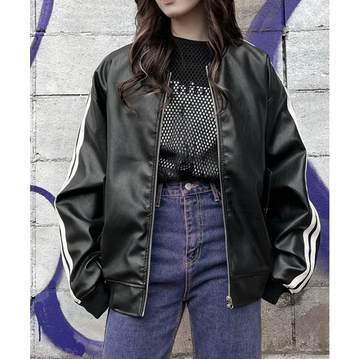 フェイクレザーラインボンバージャケット 韓国 韓国ファッション[品番