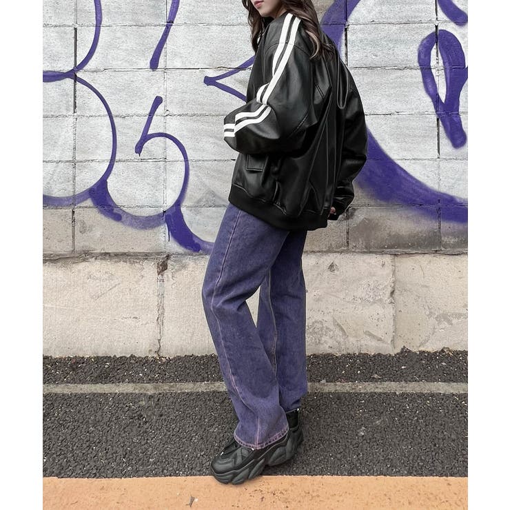 フェイクレザーラインボンバージャケット 韓国 韓国ファッション