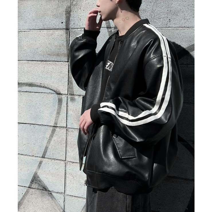 フェイクレザーラインボンバージャケット 韓国 韓国ファッション