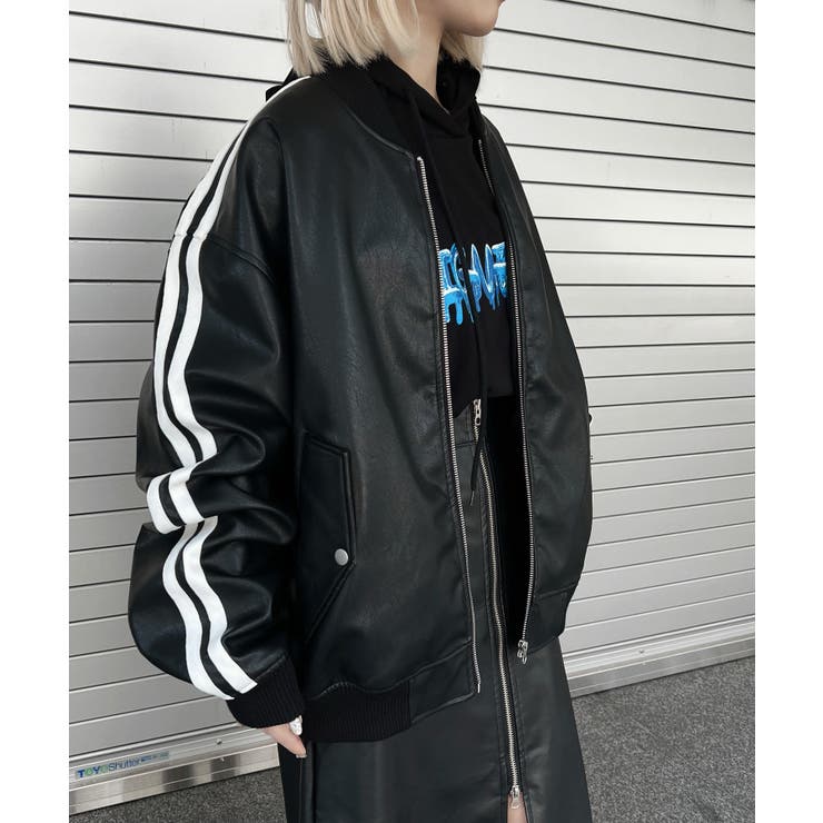 フェイクレザーラインボンバージャケット 韓国 韓国ファッション
