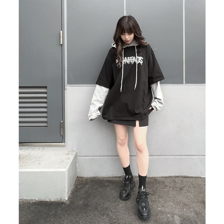 フェイクレイヤードフードロンT 韓国 韓国ファッション[品番