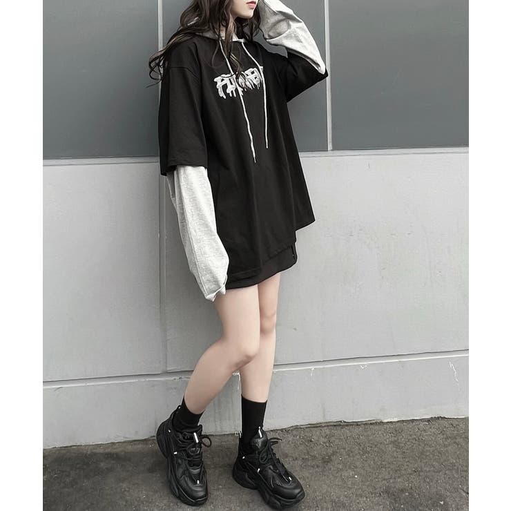 フェイクレイヤードフードロンT 韓国 韓国ファッション[品番