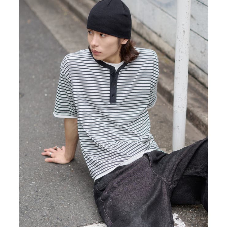 ブラックボーダー | ボーダーヘンリーネックT（SS） | WEGO【MEN】