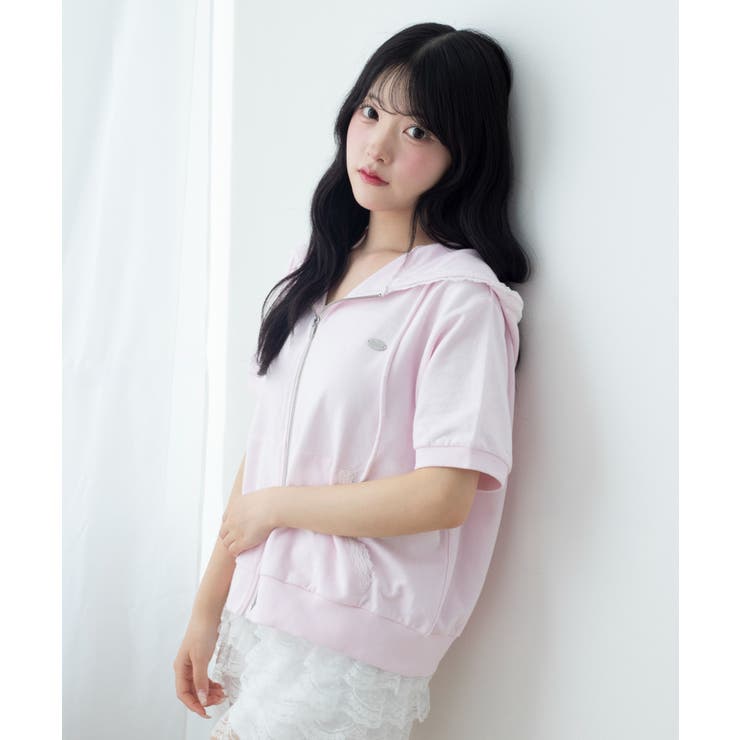 ピンク | レースパイピング半袖パーカー | WEGO【WOMEN】
