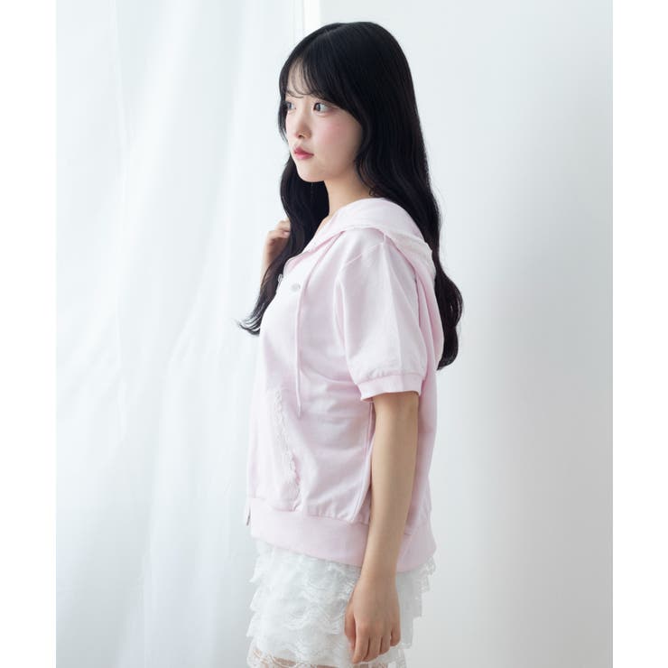 レースパイピング半袖パーカー | WEGO【WOMEN】 | 詳細画像10 