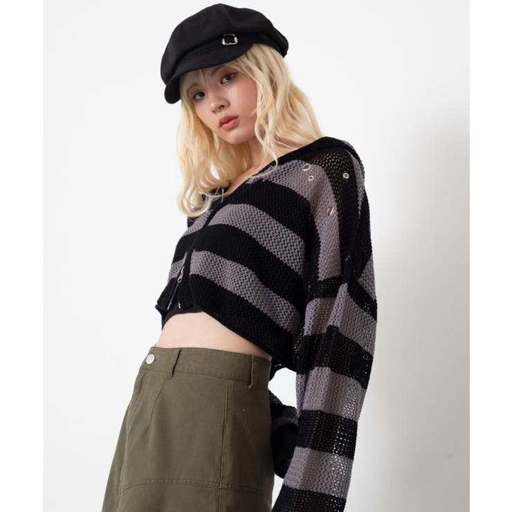 グレーボーダー | ハトメメッシュニットショートパーカー | WEGO【WOMEN】