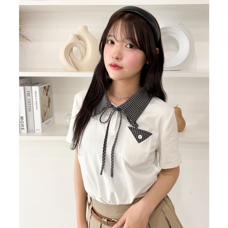 ホワイト | チェックキリカエリボンタイTシャツ | WEGO【WOMEN】