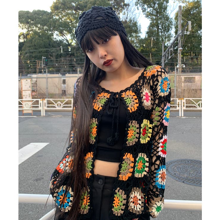 けい】【efla】クロシェロングカーディガン：ブラック JIGGYS