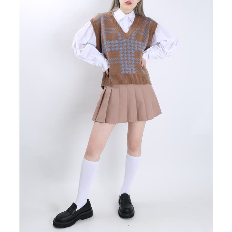 チェック柄ニットベスト 韓国 韓国ファッション[品番