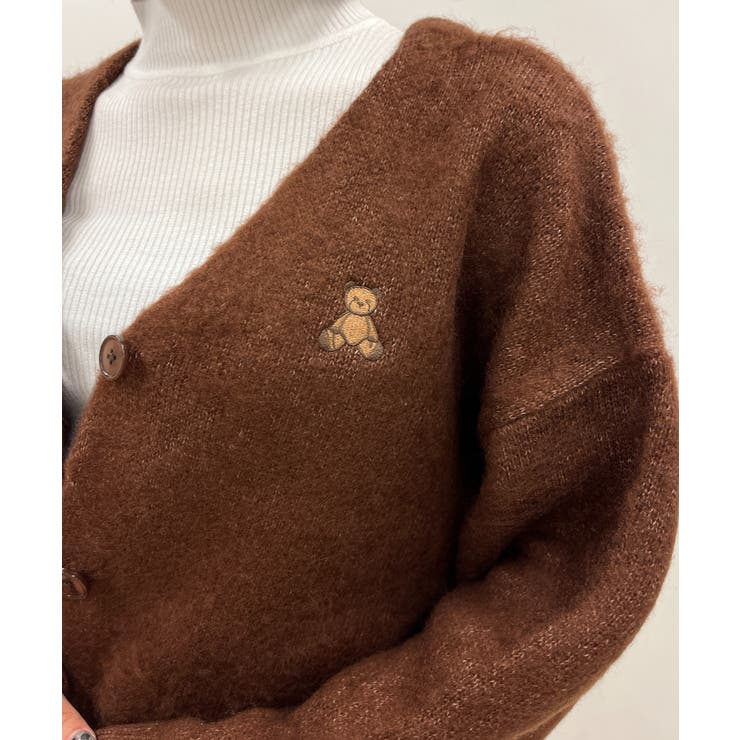 クマ刺繍モヘアタッチカーデ 韓国 韓国ファッション[品番