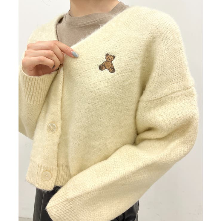 クマ刺繍モヘアタッチカーデ 韓国 韓国ファッション[品番