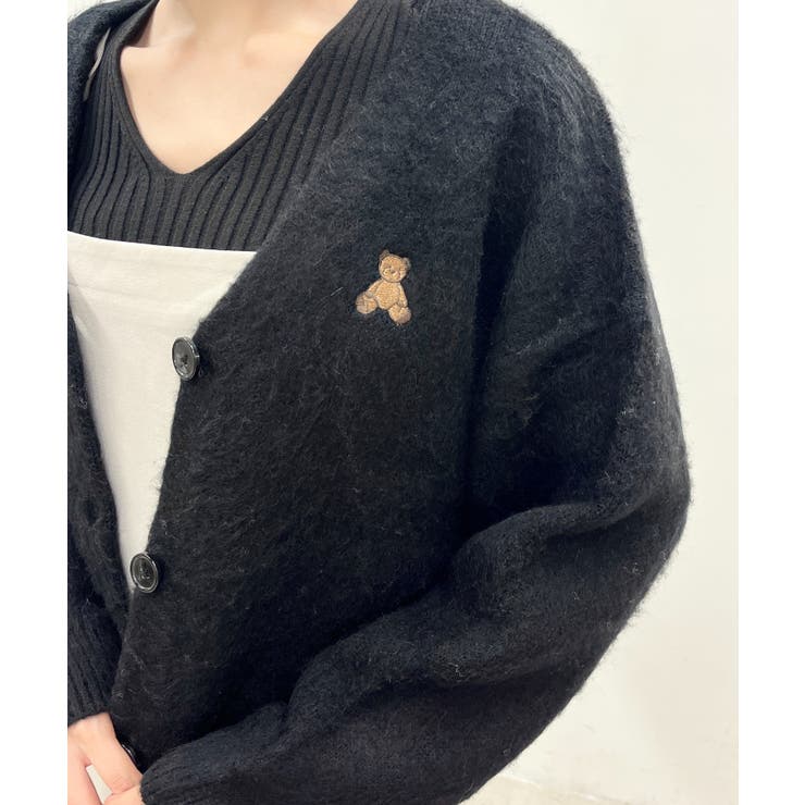 クマ刺繍モヘアタッチカーデ 韓国 韓国ファッション
