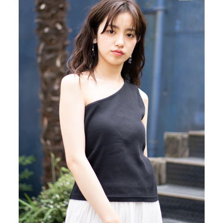 muuetブラック ワンショルダー タンクトップ OUR WACOAL タンクトップ ノースリーブ カップ付きワンショルダー