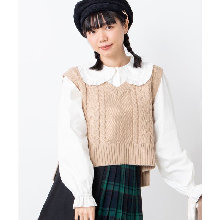 かぐれ　ケーブルニットベスト(ベージュ) ニットベスト レディース ショート丈 ケーブルニット トップス