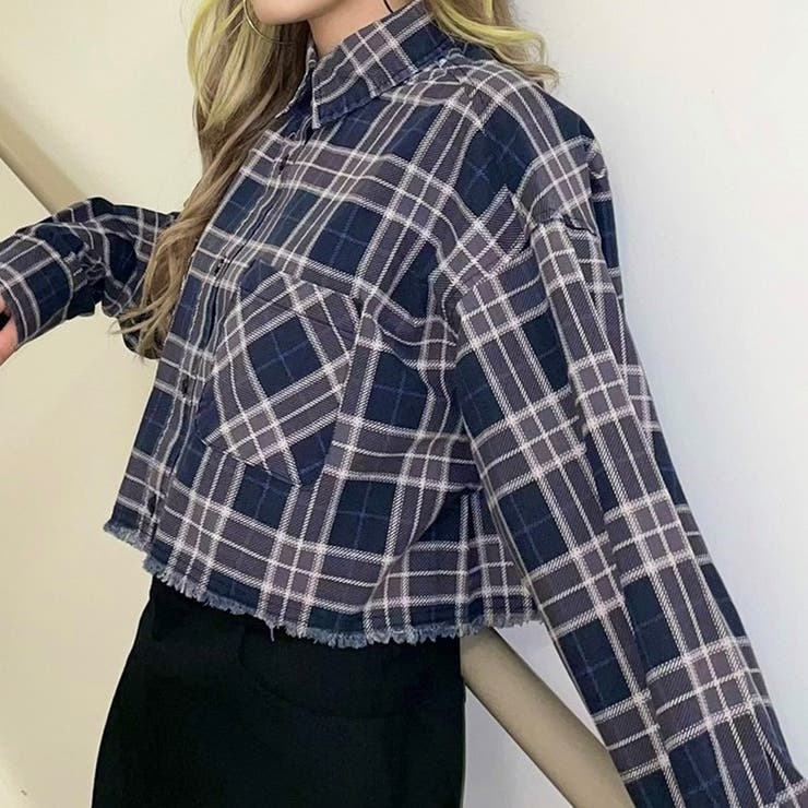 ブラックチェック1 | ダメージショートシャツ | WEGO【WOMEN】