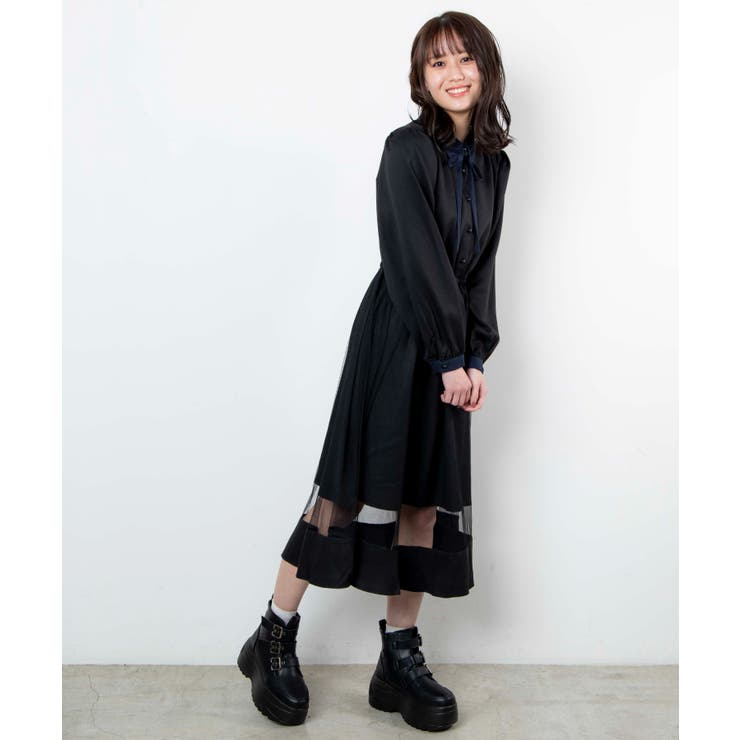 襟配色チュールラインワンピース [品番：WG010078264]｜WEGO