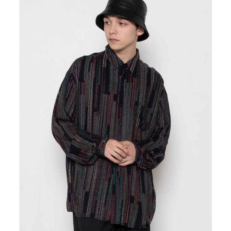 ヴィンテージ レトロ古着 総柄シアーシャツジャケット 一つボタン ロング 黒 ブランド古着】SEARS / シアーズ ~80s カナダ製 襟芯 総柄 長袖