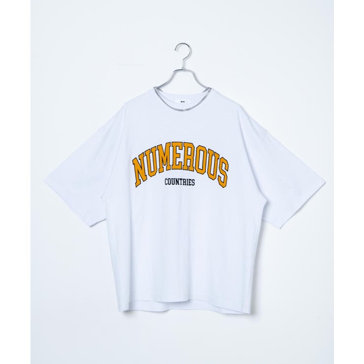 Dグリーン】アクセ付きカレッジ半袖Tシャツ メンズ ユニセックス[品番