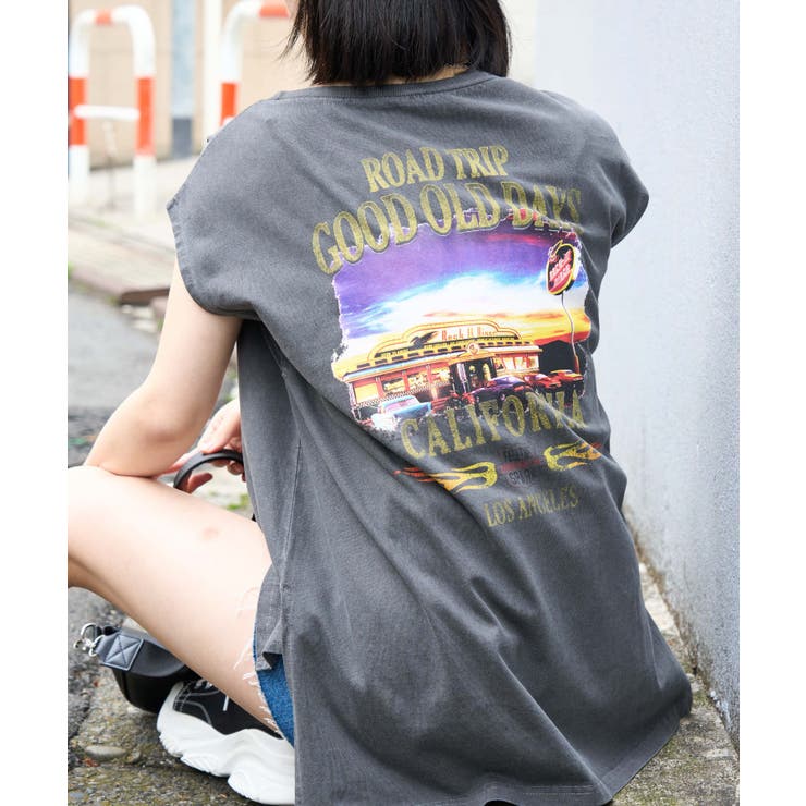 ヴィンテージライクプリントノースリーブTシャツ レディース 夏[品番