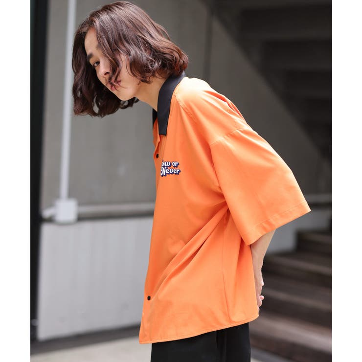 オレンジ】レトロヒューマンBIGシャツ(S) 韓国 韓国ファッション