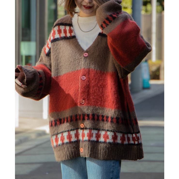 モヘアライク総柄BIGカーディガン レディース ユニセックス[品番