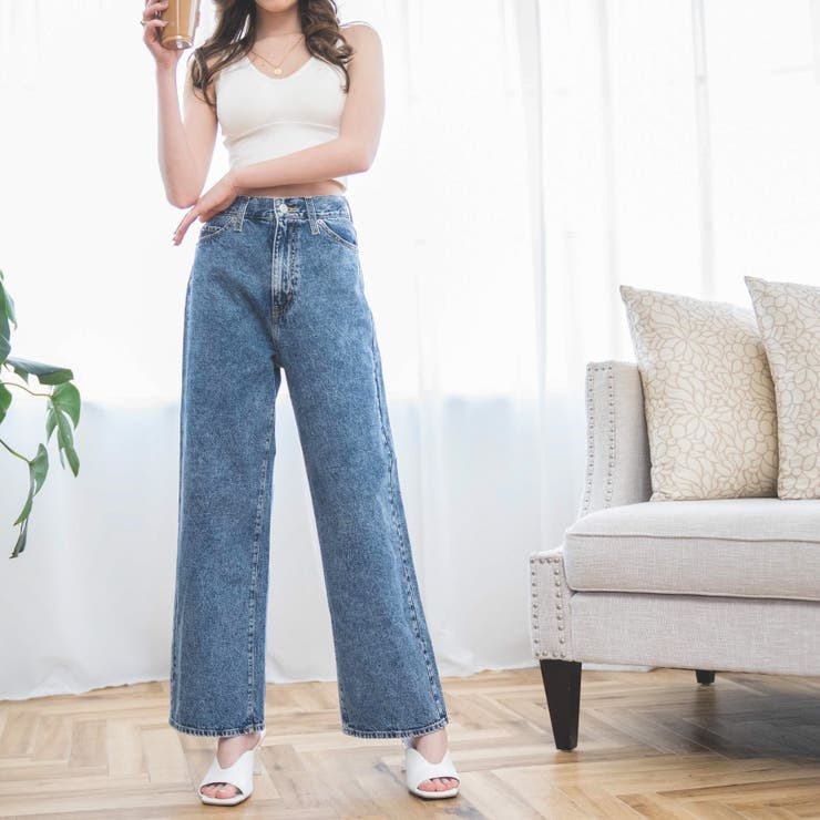 美脚!ウエストフィットワイドストレートデニムパンツ レディース 美脚!ウエストフィットワイドストレートデニムパンツ レディース