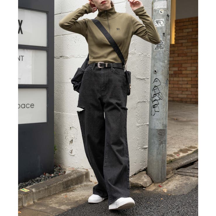 ワイドパンツ デニム サイドカット ダメージ 無地 韓国 m6704 サイドカットデニムパンツ サイドスリット デニムパンツ ワイド