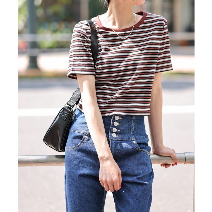 ブラウンボーダー | リブショートTシャツ レディース 春 | WEGO【WOMEN】