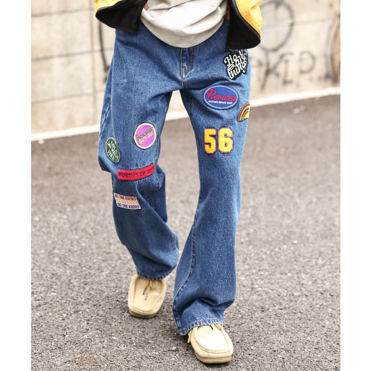 メンズジーンズ ワッペン デニムパンツ ワッペンデニムワイドパンツ